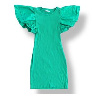 Zara Green Ribbed Ruffle‎ Sleeve Bodycon Mini Dress Size M Preppy Spring